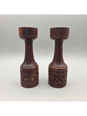 Hand-Carved Wooden Candle Holders With Floral Detailing Set of 2
